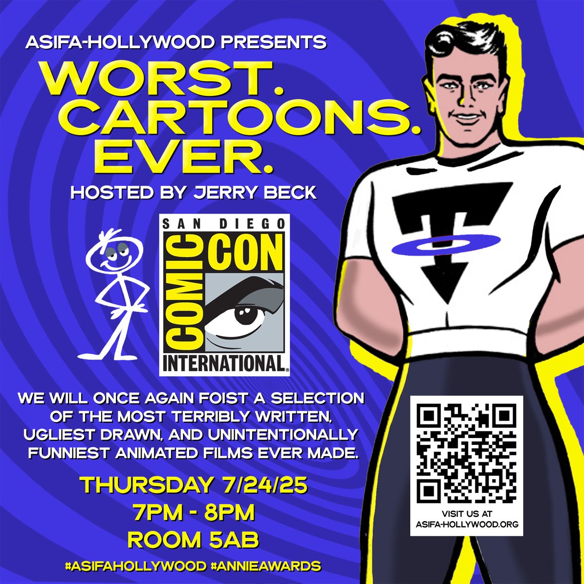 ASIFAHollywood's tweet image. Join us at the Worst Cartoons Ever Panel on Thursday July 24, 2025 7:00pm - 8:00pm PDT, Room 5AB at San Diego Comic Con!!!
To learn more, visit: comic-con.org/cc/things-to-d…
#worstcartoonsever #asifahollywood