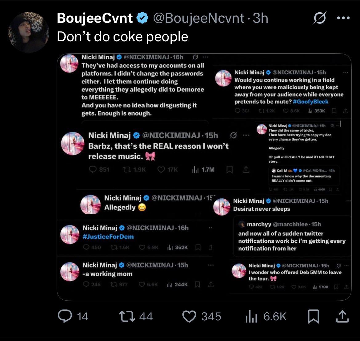 BirdCalisx's tweet image. Nicki Minaj admits to allegedly doing coke in recent video.https://t.co/XPaUPWY6f0