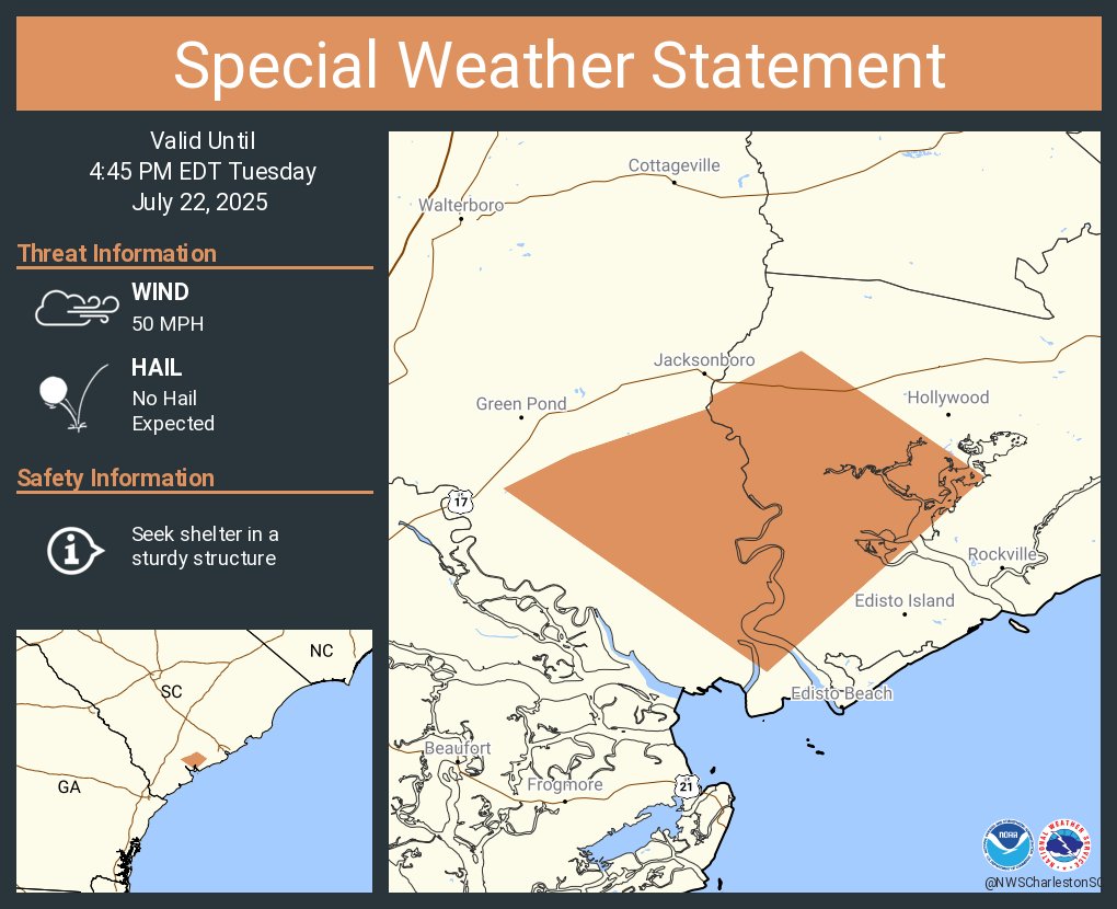 NWSCharlestonSC's tweet image. A special weather statement has been issued for Charleston County, SC until 4:45 PM EDT