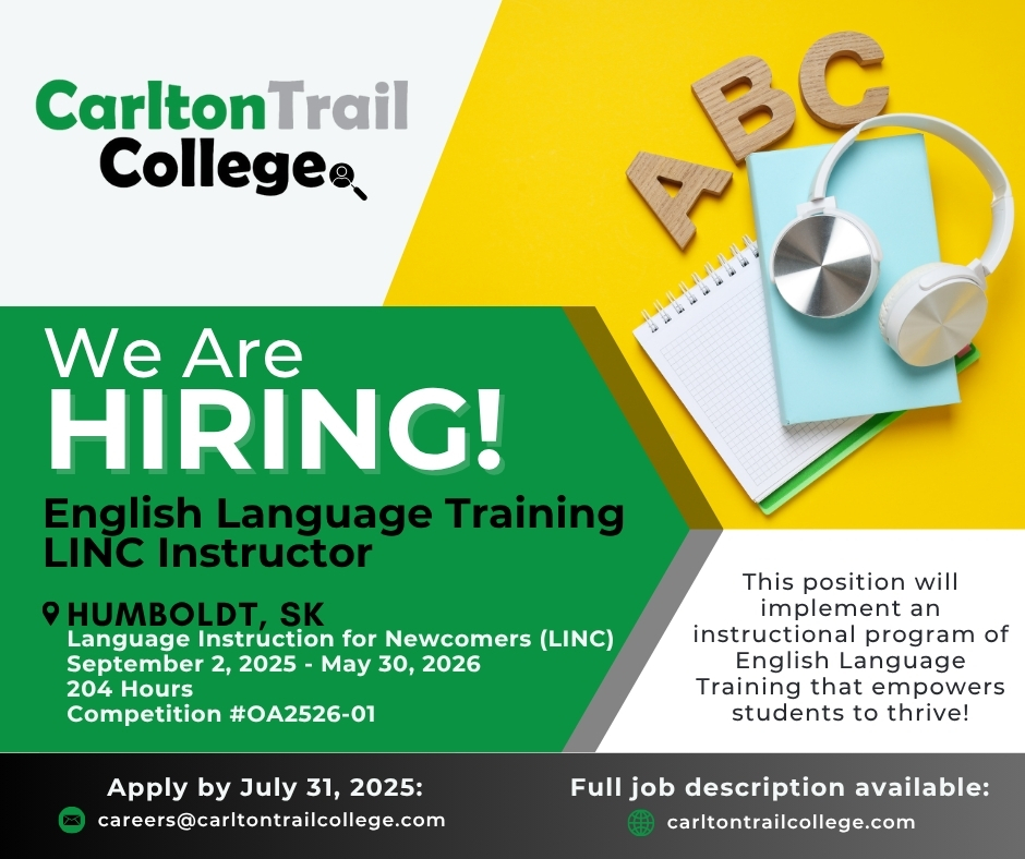 Looking for an education based job? Help newcomers build their language skills and confidence as they settle into life in Saskatchewan. We have 2 new positions available! 
Learn more, and Apply!
carltontrailcollege.com/work-for-us
#SKjobs #careers #Instructor #Facilitator #Humboldt