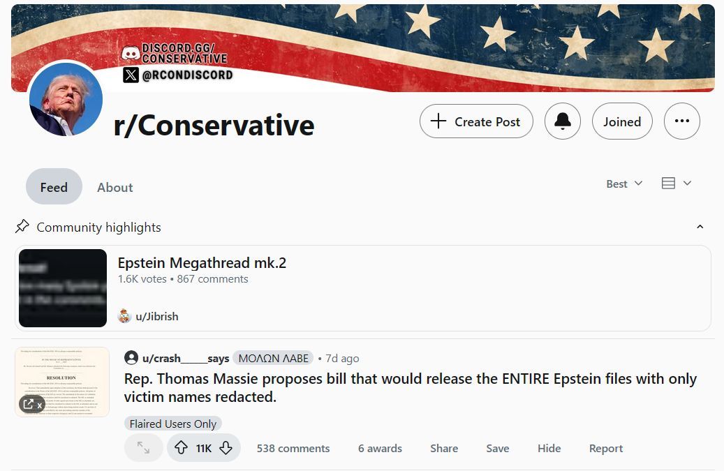 reddit_lies's tweet image. Redditors finally had a chance to legitimately criticize Trump, and they blew it by lying.
Redditors: "r/Conservative banned all posts about Epstein!"
r/Conservative has stickied 2 Epstein files megathreads and the current top post is about the Epstein files.