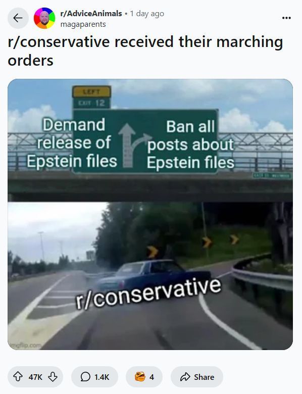 reddit_lies's tweet image. Redditors finally had a chance to legitimately criticize Trump, and they blew it by lying.
Redditors: "r/Conservative banned all posts about Epstein!"
r/Conservative has stickied 2 Epstein files megathreads and the current top post is about the Epstein files.