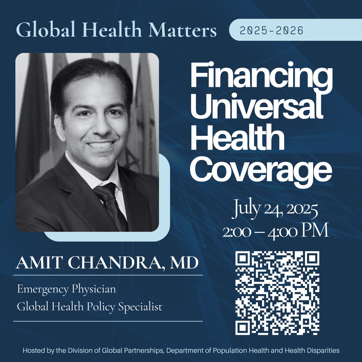 Webinar invite: Global health in action 🌍

Emergency physician &amp; health policy leader Dr. Amit Chandra joins MPH candidates from @UTMB_SPPH for a conversation on health financing, systems reform, and the climate-health frontier.

🔗 Register: utmb.us/e94