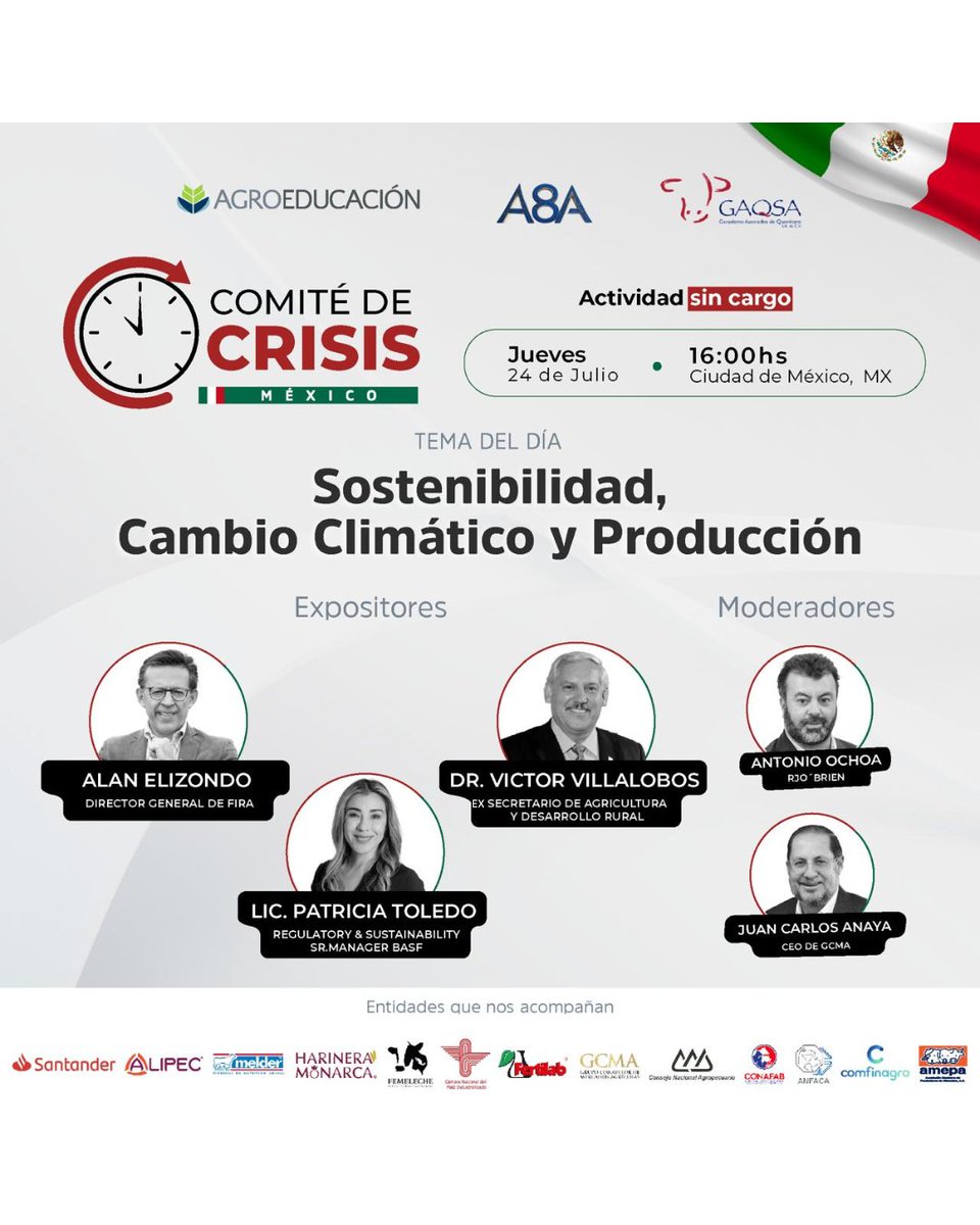 GCMA1Oficial's tweet image. 🌾🔥 #AgrocomunidadGCMA, acompáñanos este 24 de julio, 16:00 hrs, en el Comité de Crisis México para analizar el impacto real del #CambioClimático en la producción agrícola. 

Inscríbete aquí: gcma.com.mx/xu03