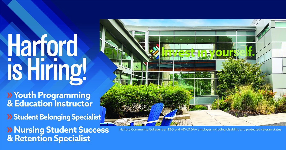 Harford’s hiring! We're looking for Youth Programming &amp; Education Instructors, Student Belonging Specialist, and Nursing Student Success and Retention Specialist. Search here: harford.peopleadmin.com