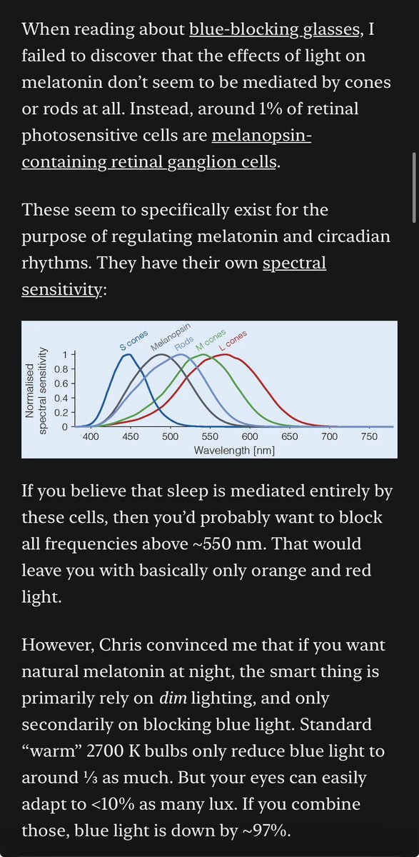 sharifshameem's tweet image. this strongly aligns with my own personal experience: *dimming* your lights at night is far more effective than just switching to warmer lights for improving natural melatonin production. Ideally your nighttime lighting is both dim AND warm. via @dynomight7