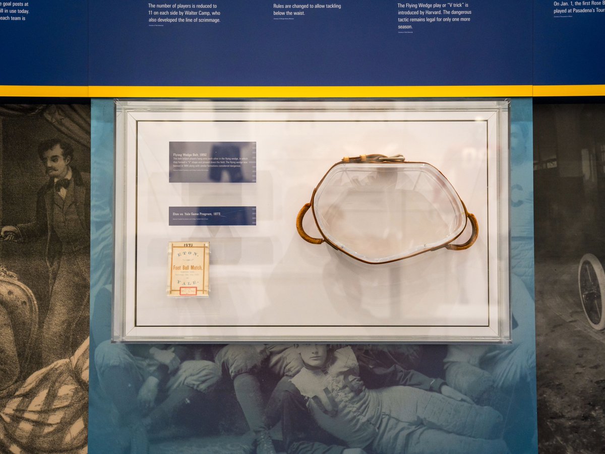 cfbhall's tweet image. Talk about putting belt to mass! 💥

In 1892, Harvard’s “Flying Wedge” had teammates locking arms and grabbing onto a belt worn by the ball carrier—charging full speed like a human battering ram.
It worked... until injuries banned it after one season.
See a belt from that era at…
