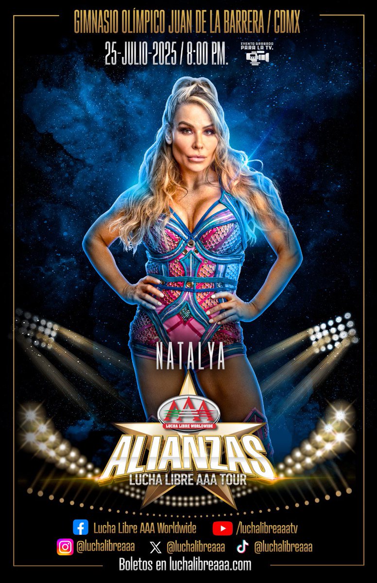 luchalibreaaa's tweet image. NATALYA visitará CIUDAD DE MÉXICO para participar en el evento de la gira #AlianzasAAA 💫 de este VIERNES 25 de julio.
Gimnasio Olímpico Juan de la Barrera.
🎟️ Boletos en nuestro sitio.