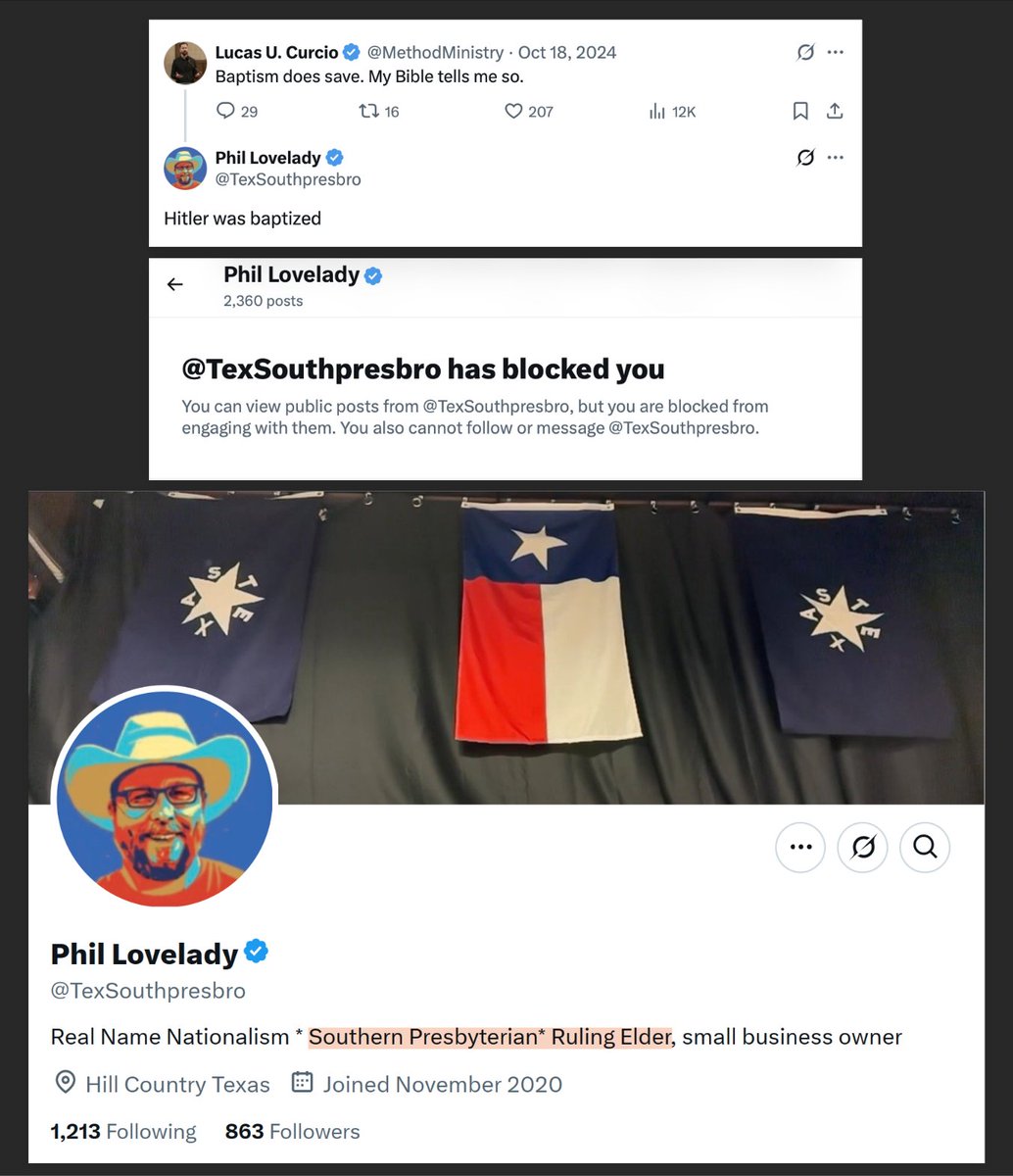 lagracelaverite's tweet image. When you found out you got blocked by a ruling elder in an OPC church who posts stuff like this, you took it as a compliment.
Phil Lovelady is followed by:
Stephen Wolfe
Joel Webbon
Eric Conn
Zachary Garris
Michael Spangler
Thomas Achord
Rett Copple
C.Jay Engel
Jeff Wright…