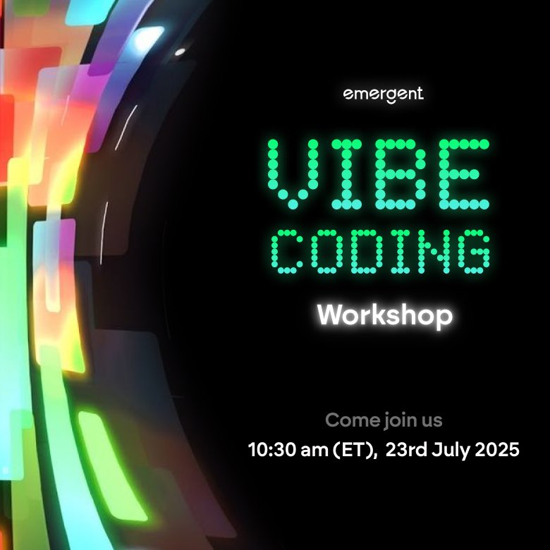 TheAIColony's tweet image. If you are someone who has 100s of ideas but don’t know how to code,
This is for you.
The Ultimate Vibecoding Workshop is here:
Build your dream app with nothing but natural-language prompts.
Emergent’s Ultimate Vibecoding Workshop is a live 2-hour sprint where you learn…