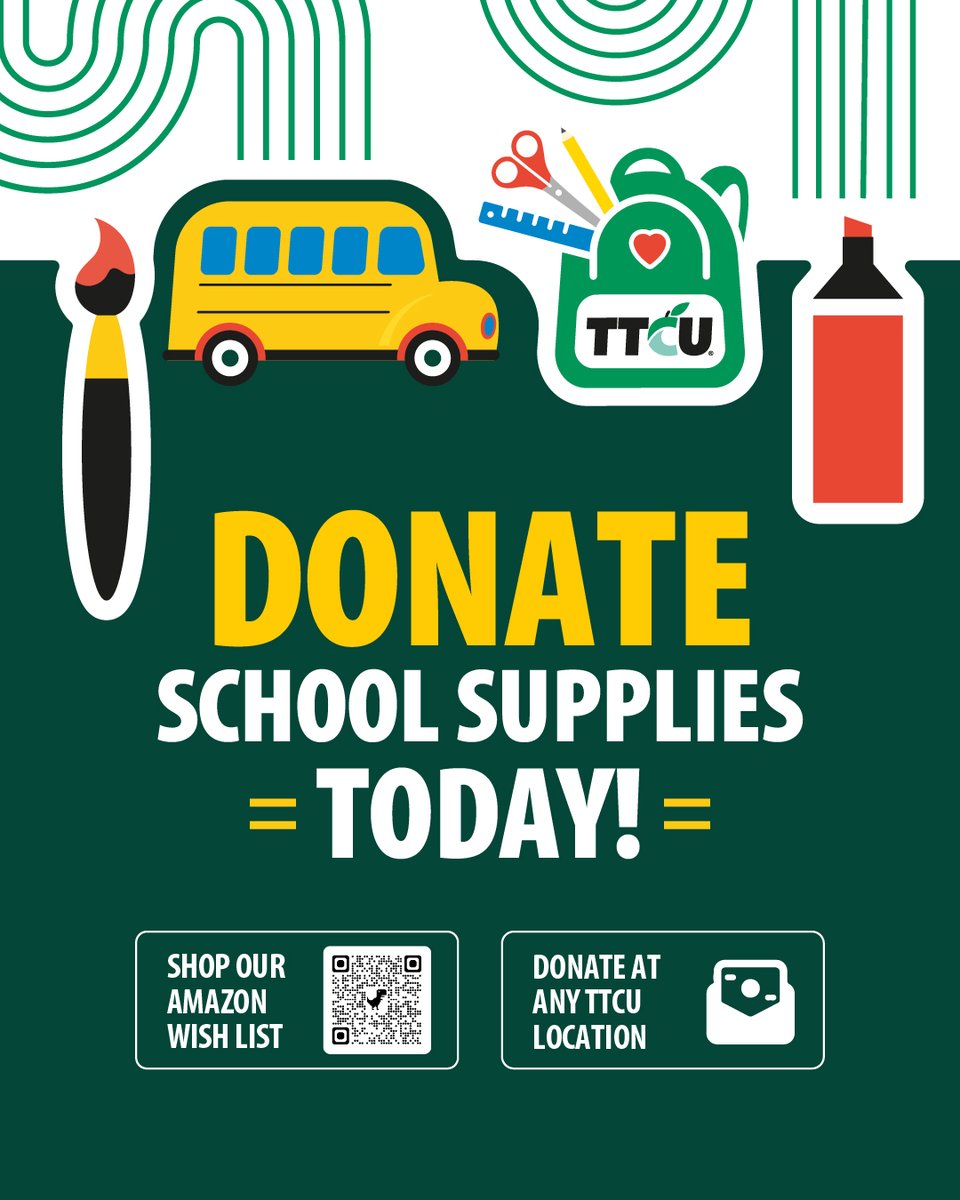 TTCU Federal Credit Union (@ttcu) on Twitter photo Project School Supplies: Sending a child back to school can be expensive! πβοΈ Help local children in need by donating supplies or money at any TTCU branch. You can even shop our Amazon Wish List! Learn more -> bit.ly/3NX3eAu
Partners: <a href="/RHMTulsa/">Restore Hope</a> and <a href="/KTULNews/">NewsChannel 8 | KTUL</a> Project School Supplies: Sending a child back to school can be expensive! πβοΈ Help local children in need by donating supplies or money at any TTCU branch. You can even shop our Amazon Wish List! Learn more -> bit.ly/3NX3eAu
Partners: <a href="/RHMTulsa/">Restore Hope</a> and <a href="/KTULNews/">NewsChannel 8 | KTUL</a>