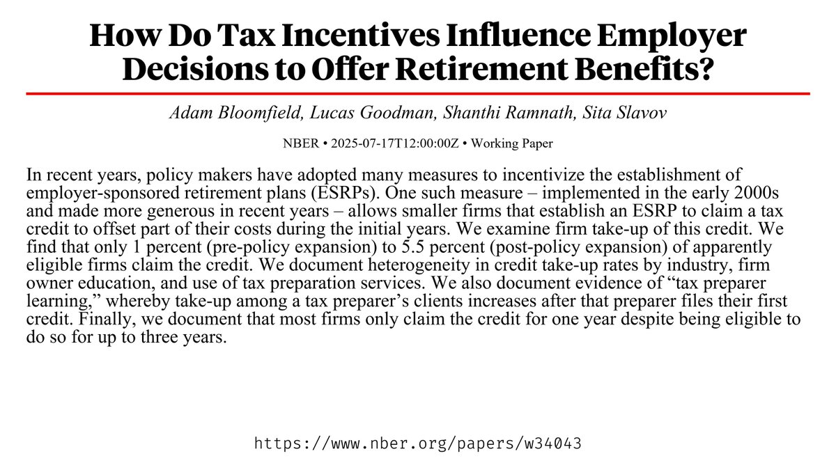 CapybaraPapers's tweet image. How Do Tax Incentives Influence Employer Decisions to Offer Retirement Benefits? nber.org/papers/w34043