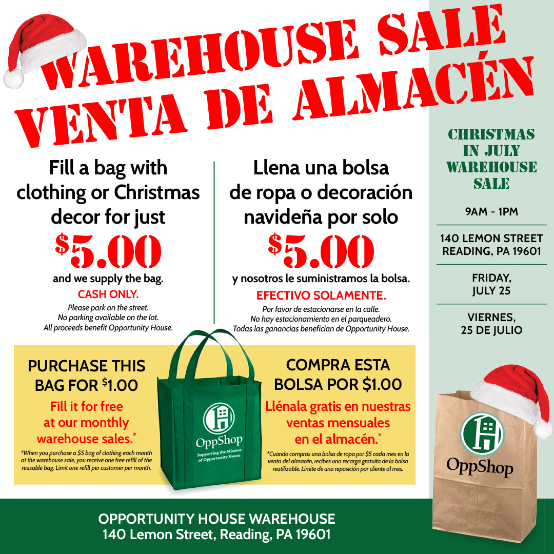 We’ve got TWO awesome sales this week.🎉
💰 Whether you're looking to save on household items, clothing, or Christmas decor, we'll help you save.  Stop by our Friday Warehouse sale and watch for details about our 10th Anniversary Sale at OppShop on Saturday.