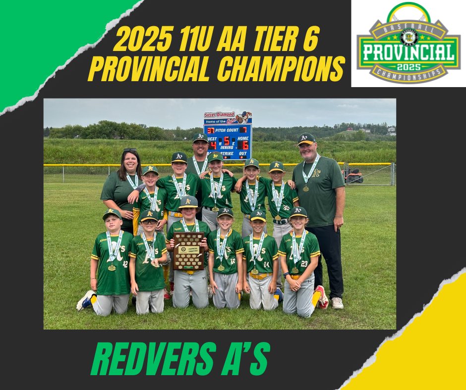 BaseballSask's tweet image. Congratulations to the Redvers A’s on winning the 2025 11U AA Tier 6 Provincial Championship.