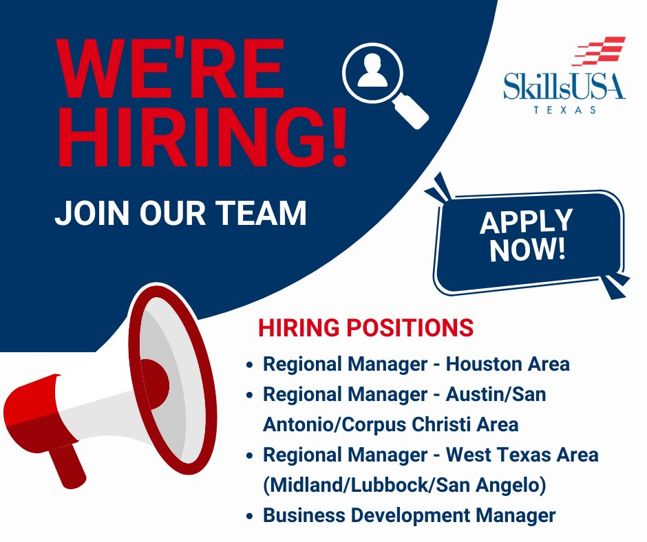 SkillsUSA Texas is Growing!
We’re expanding our team with 4 full-time positions. 
Business Development Manager
Regional Manager – Houston Area
Regional Manager – West Texas (Lubbock/Midland/San Angelo/El Paso)
Regional Manager – Austin, San Antonio, Corpus Christi Area