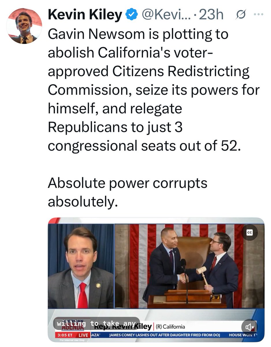 cturnbull1968's tweet image. Not true! He’s not plotting. He very openly said that if Texas attempts to redistrict, he’ll do the same thing in California to nullify their gains.
It’s called tactics.