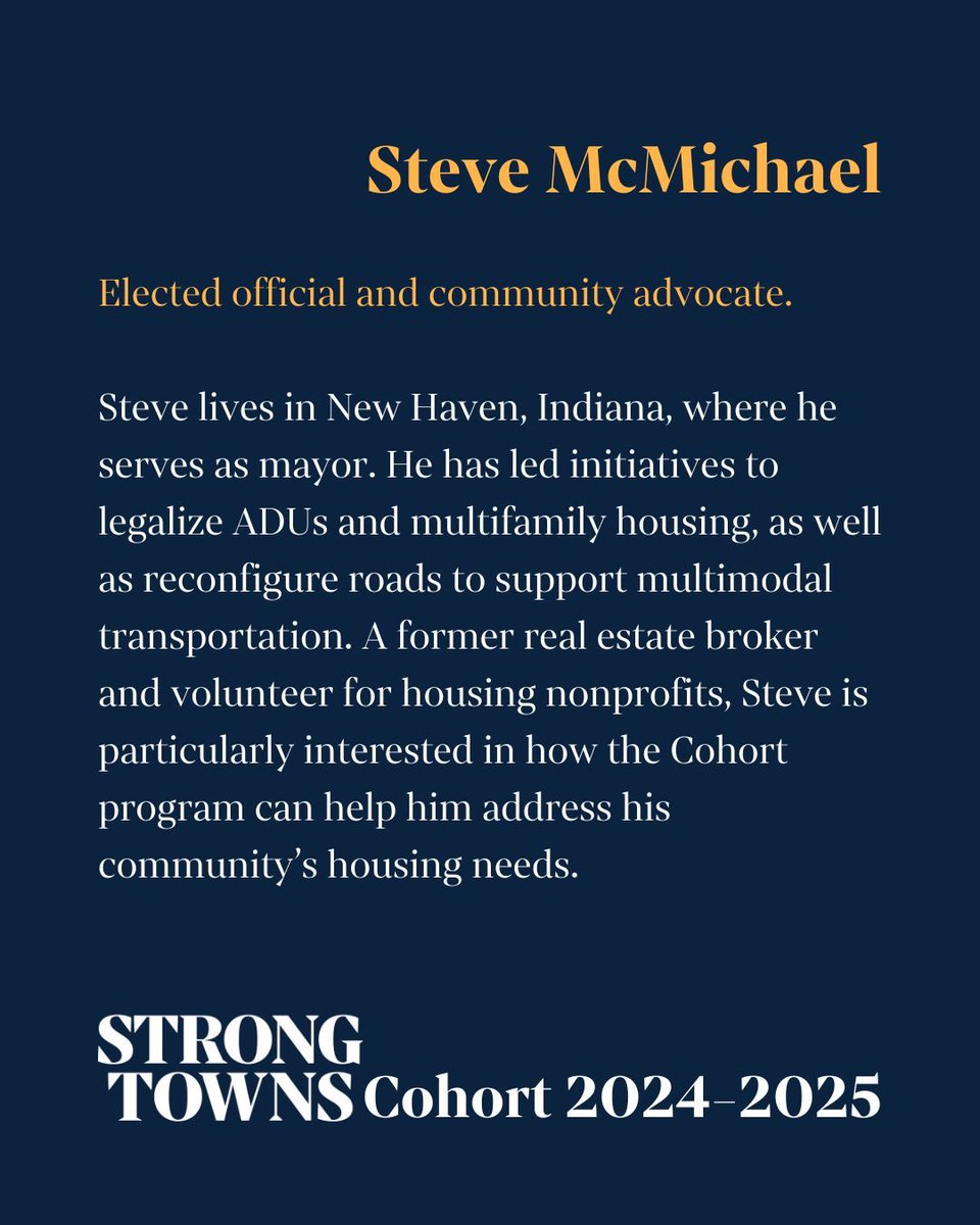 StrongTowns's tweet image. Meet our inaugural Strong Towns Cohort! The cohort is a community where Strong Towns advocates can connect, learn, and work. Here’s Steve McMichael from New Haven, Indiana!
Applications for our 2025-2026 Cohort are open NOW through September 29—join us! buff.ly/wmVWUkx
