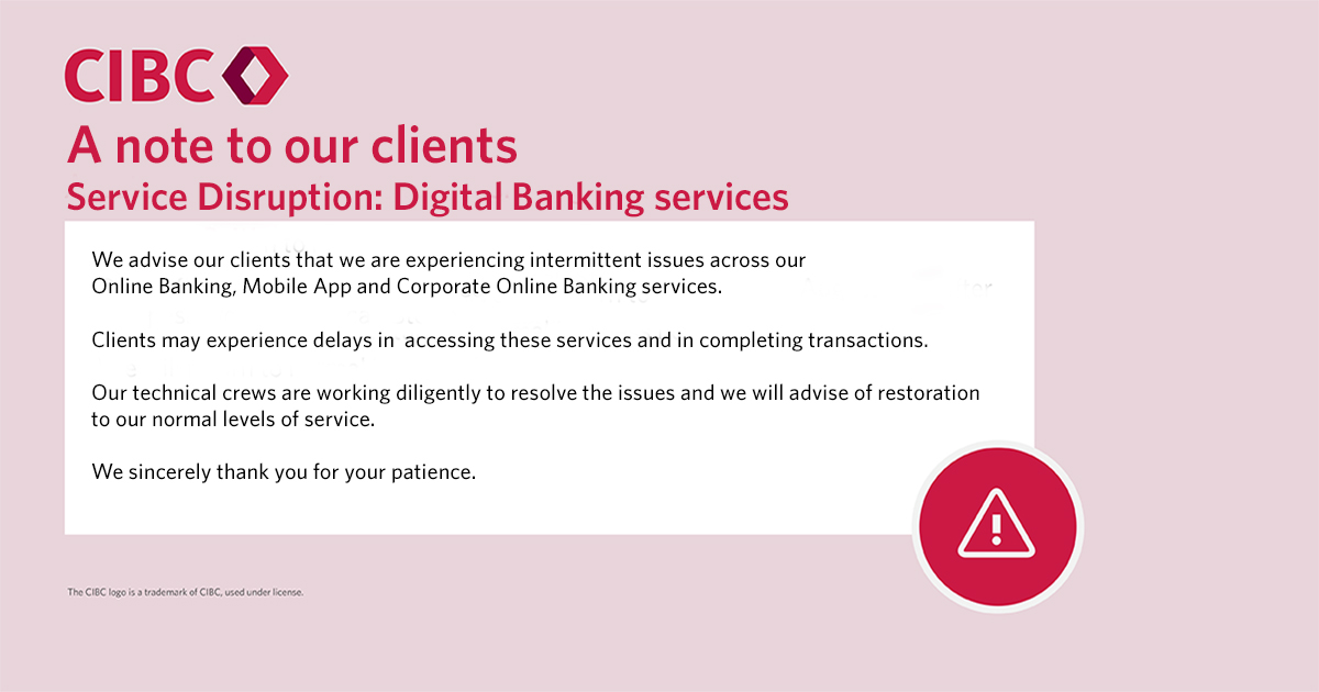 We're currently experiencing intermittent issues with Online Banking, Mobile App &amp; Corporate Online Banking. You may face delays in access &amp; transactions. Our team is working to fix it. Thank you for your patience.