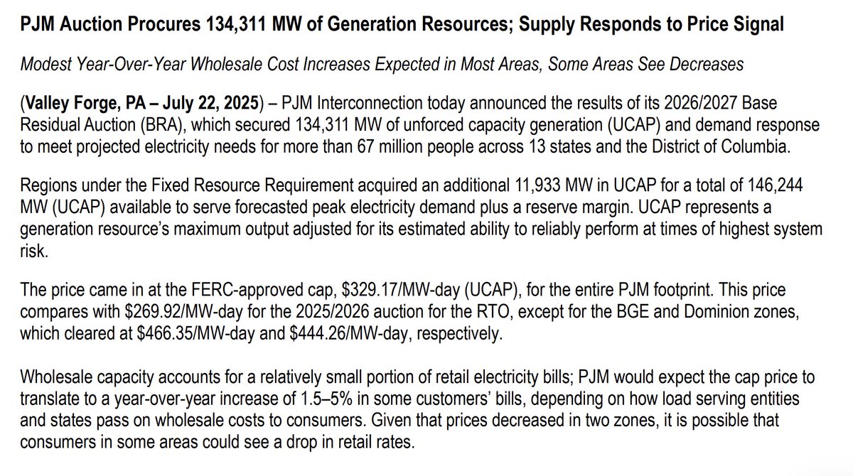 PJM base capacity auction results are in. Hits the price cap, predicts that "some customers' bills" will go up 1.5% to 5%