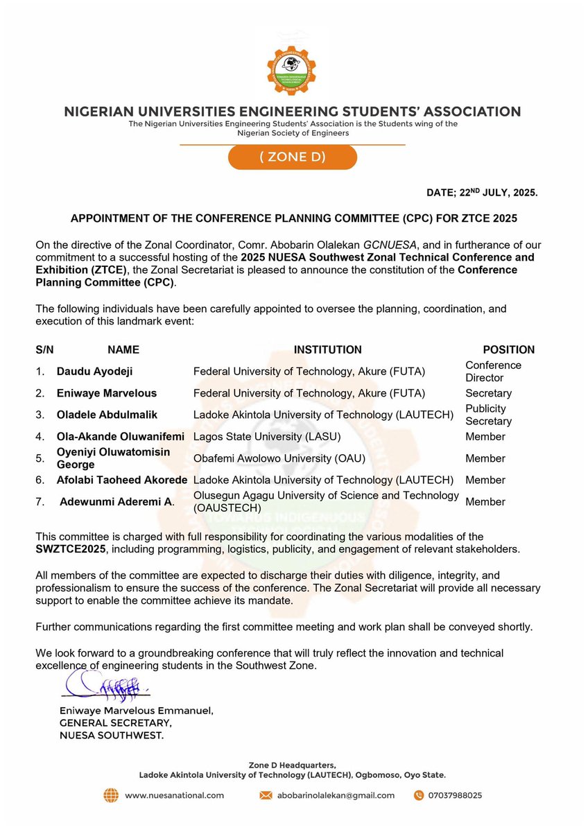 Behold, the Conference Planning Committee (CPC) of NUESA SOUTHWEST 2025 led by <a href="/The_AdarA/">ADáRàLọ́Mọ✌🏼🇳🇬</a>

#NUESASWZTCE2025  <a href="/nsehqtr/">The Nigerian Society Of Engineers (NSE)</a>
