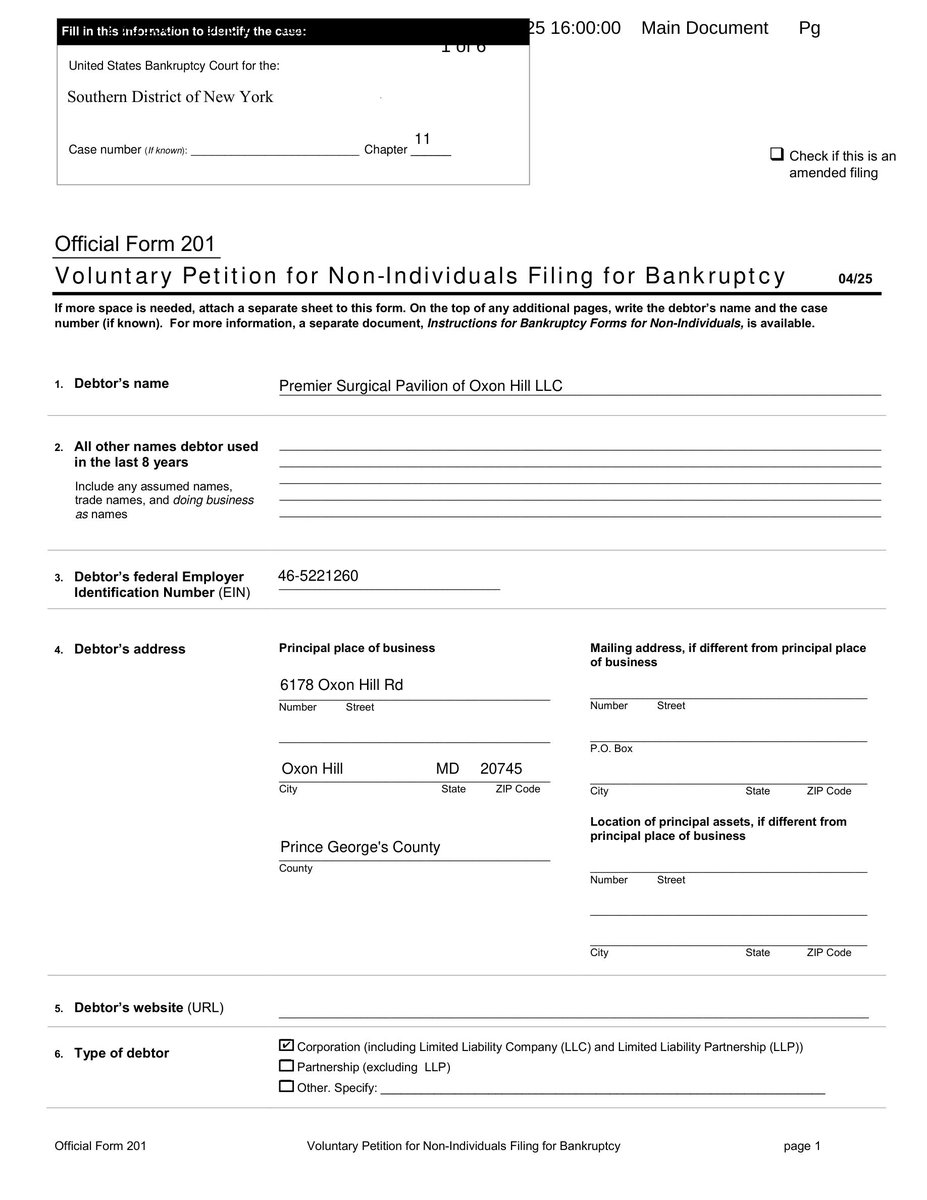 _RKConsultants's tweet image. Premier Surgical Pavilion of Oxon Hill LLC Files Chapter 11 Bankruptcy
🚨 BANKRUPTCY FILING ALERT 🚨
Premier Surgical Pavilion of Oxon Hill LLC
Chapter 11 - Southern District of New York
Filed: July 22, 2025
Case No. 25-11607
📊 Assets: $0-$50K | Liabilities: $1M-$10M | Total…