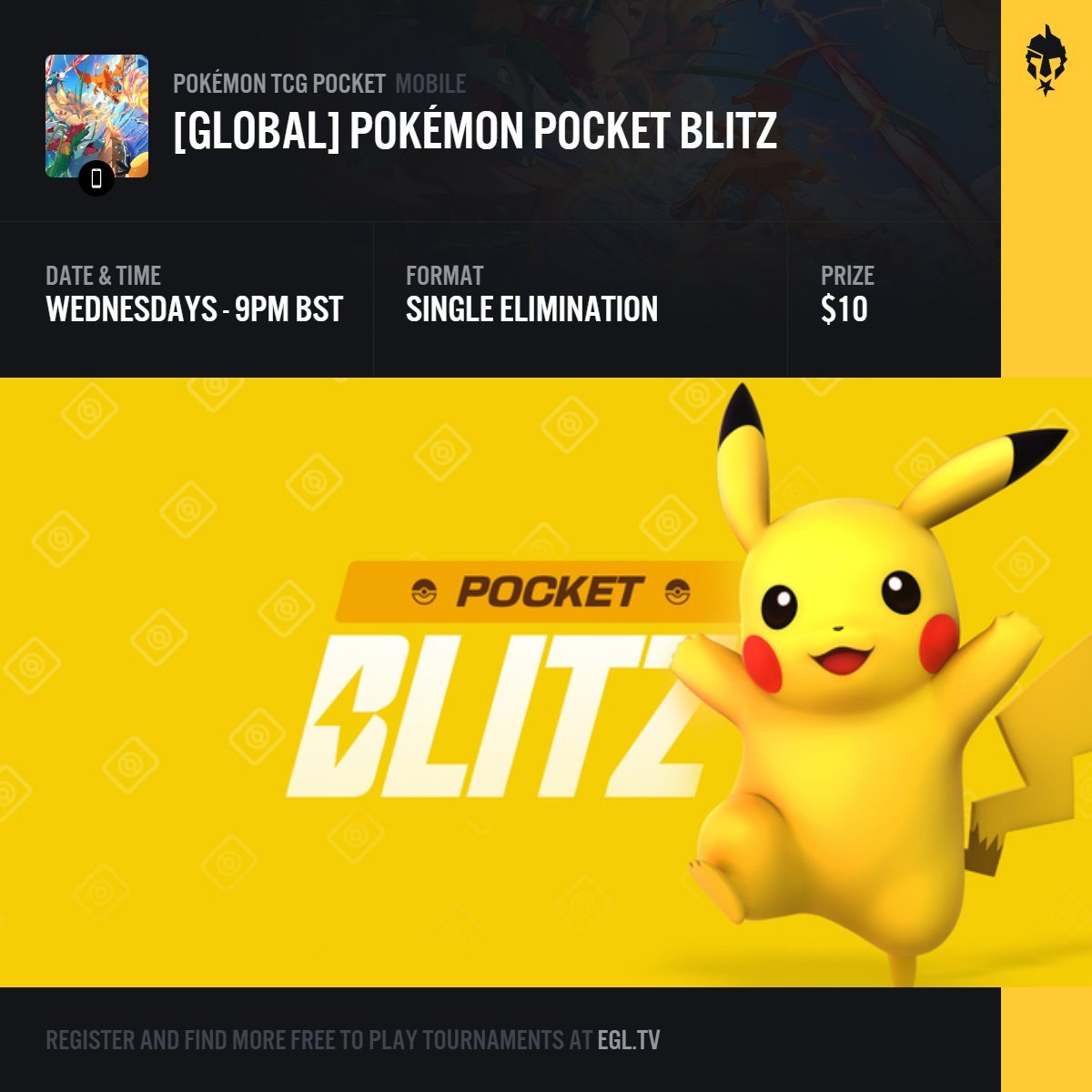 EGL's tweet image. 🎮 Ready to compete in @PokemonTCGP ?
Join tomorrow's Blitz tournament!
💥 Free Entry | 💰 Cash Prize
🕹️ Open to all skill levels
🔗 Sign up here: egl.tv/tournament/8433