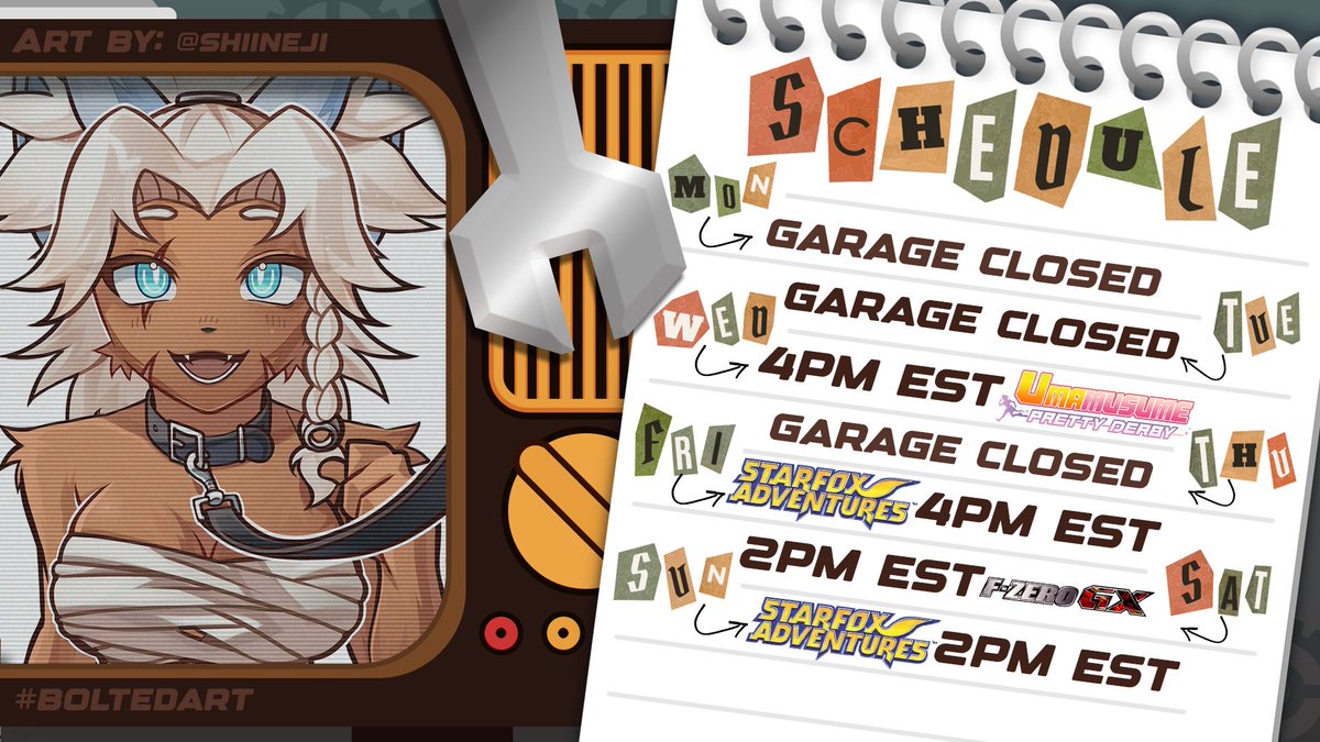 BoltsTheMech's tweet image. 🔩WEEKLY SCHEDULE (7/21) - (7/27)🔩
TIME TO GET BACK ON THE HORSE (See what I did there?)
I am finally going to stream this wonderful pony game to fuel my gambling addiction, we are going to thurst over hot alien foxes and @Chubb_Tweets is going to tech me about Fzero~