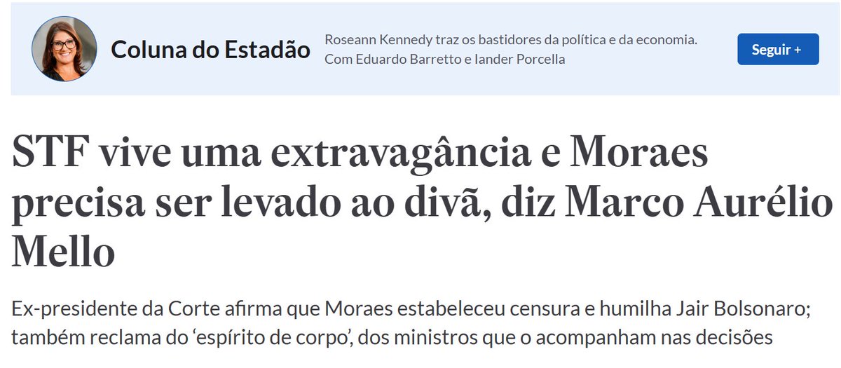 mauad_joao's tweet image. Marco Aurélio Mello enxerga o óbvio 👇
"STF vive uma extravagância e Moraes precisa ser levado ao divã, diz Marco Aurélio Mello
Ex-presidente do STF diz que Moraes estabeleceu censura e humilha Bolsonaro; também reclama do ‘espírito de corpo’ dos ministros que o acompanham nas…