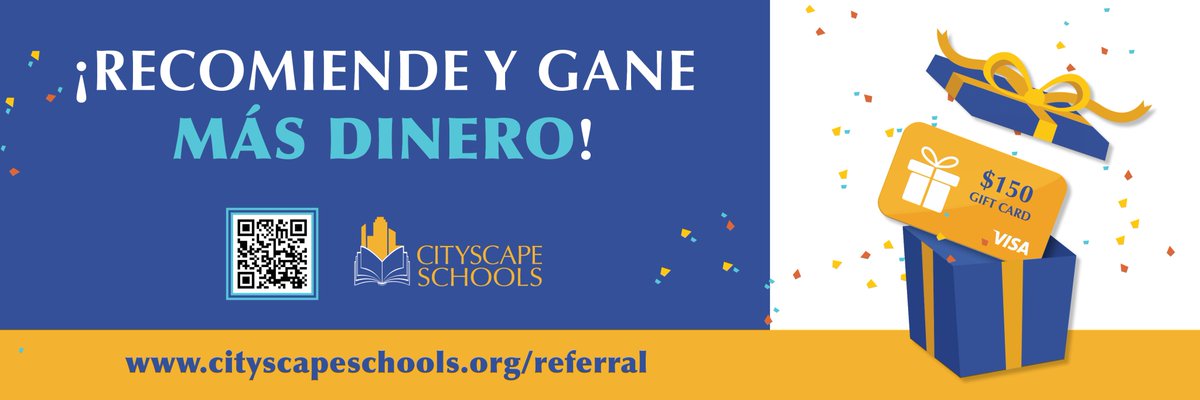🎉 Know someone looking for a great school? We've got a special gift just for you!

It’s simple, refer new families to Cityscape Schools and receive a $150 VISA gift card for every new student enrolled. 💳🎁

Learn more and refer today: cityscapeschools.org/referral/