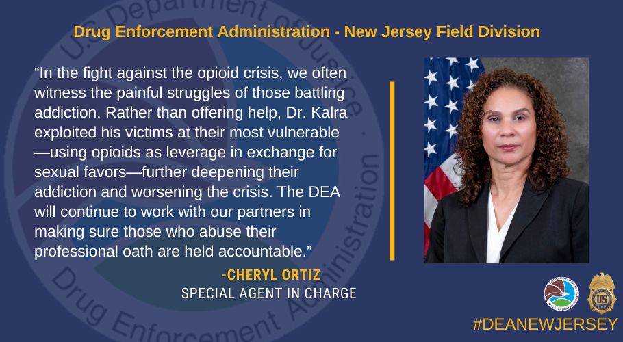 #DEANewJersey #SpecialAgent in Charge Cheryl Ortiz &amp; <a href="/USAO_NJ/">NJ US Attorney</a> <a href="/USAttyHabba/">US Attorney Habba</a> announce New Jersey Doctor Charged With Distributing Opioids In Exchange For Sexual Favors &amp; Defrauding New Jersey Medicaid. #DEA #Opioids <a href="/TheJusticeDept/">U.S. Department of Justice</a>  
 justice.gov/usao-nj/pr/new…