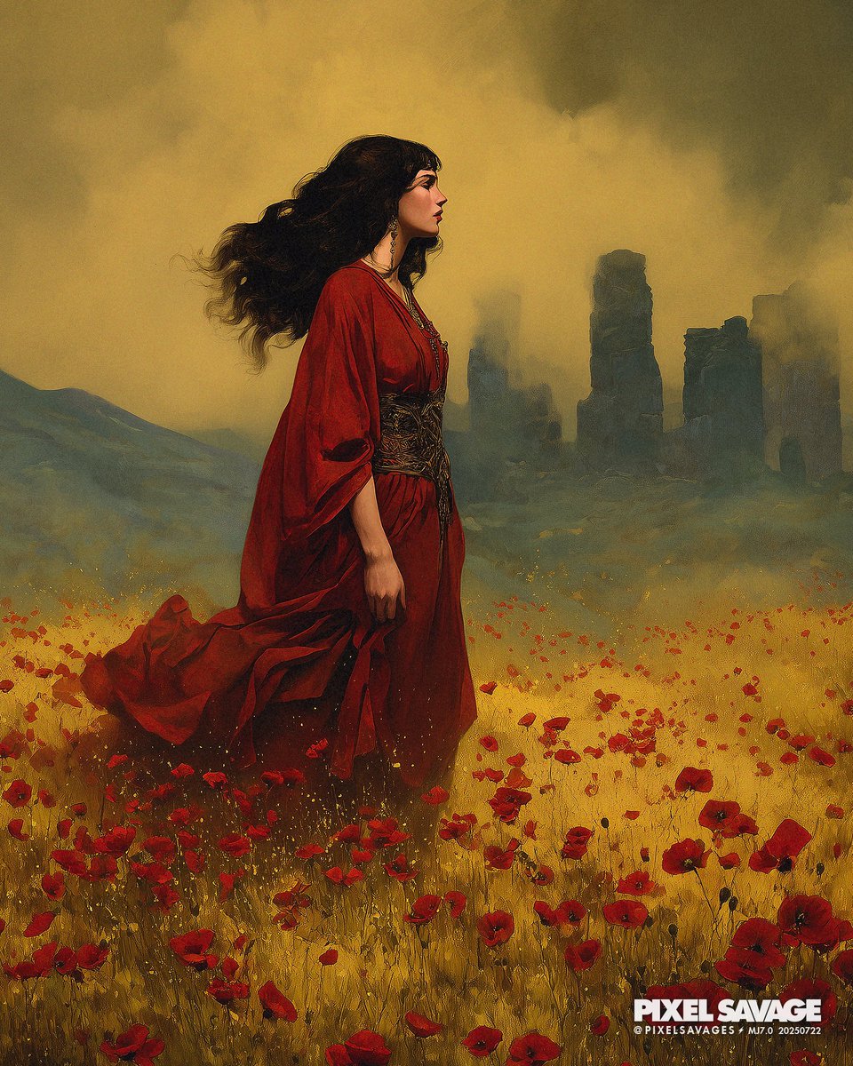Silence in Crimson 🌺🔥
The poppies bloom around her like a memory,
and even the wind forgets its path near her feet.