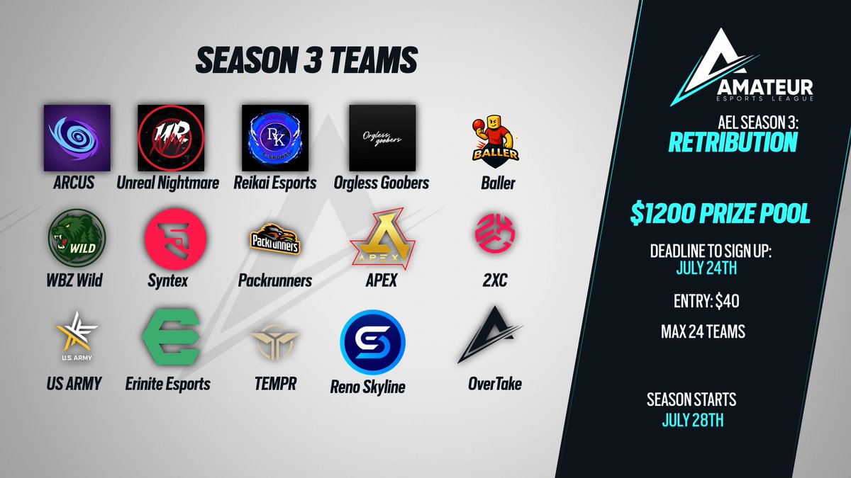 ⏳ Final Week to Sign Up! ⏳

AEL Season 3: Retribution is almost here.

✅ $40 Buy-In
👥 24-Team Cap
🗓️ Deadline: July 24th

Teams are locking in fast. Don’t miss your chance to compete.

📥 Register now through our Discord:
👉 discord.gg/euuQvC7M2m