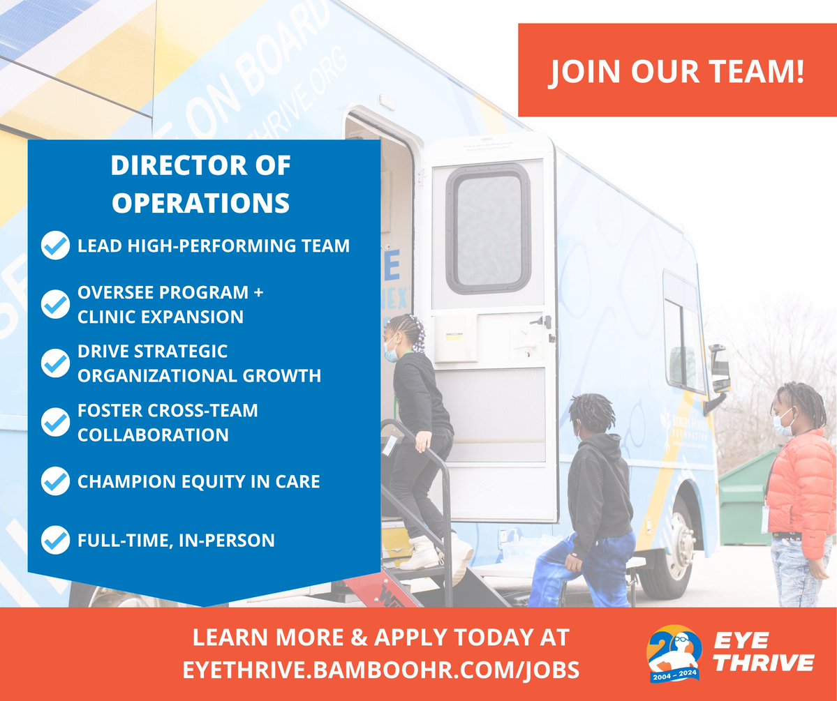 Eye_Thrive's tweet image. Eye Thrive is hiring a Director of Operations! 👓 Help us double our impact and bring free, high-quality vision care to thousands of kids across the St. Louis region.
We’re seeking a mission-driven, strategic leader—apply now: eyethrive.bamboohr.com/jobs #NonprofitJobs #STL