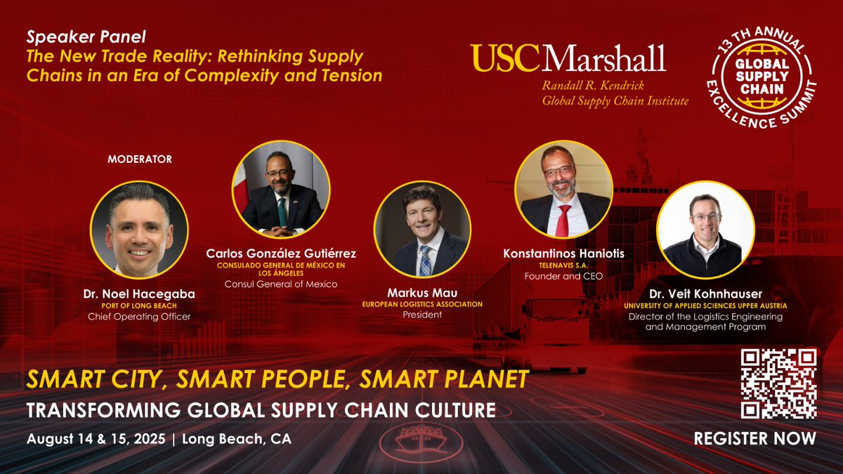 carlos_glezgtez's tweet image. Honored to join @USCMarshall 13th Annual Global Supply Chain Summit on Aug 14-15 in Long Beach! I’ll share the stage with top global experts to discuss Mexico’s key role in strengthening regional supply chains, vital for today’s economy.
For more info: globalsummit.uscsupplychain.com