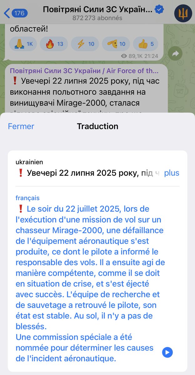 ProjetFOX's tweet image. 🇺🇦🇫🇷DÉFENSE
Les autorités ukrainiennes annoncent qu’un Mirage 2000 s’est écrasé dans l’ouest du pays, suite à une « défaillance mécanique ». Le pilote s’est éjecté et est sain et sauf.
Il s’agit de la première perte d’un des appareils livrés par la France plus tôt dans l’année.