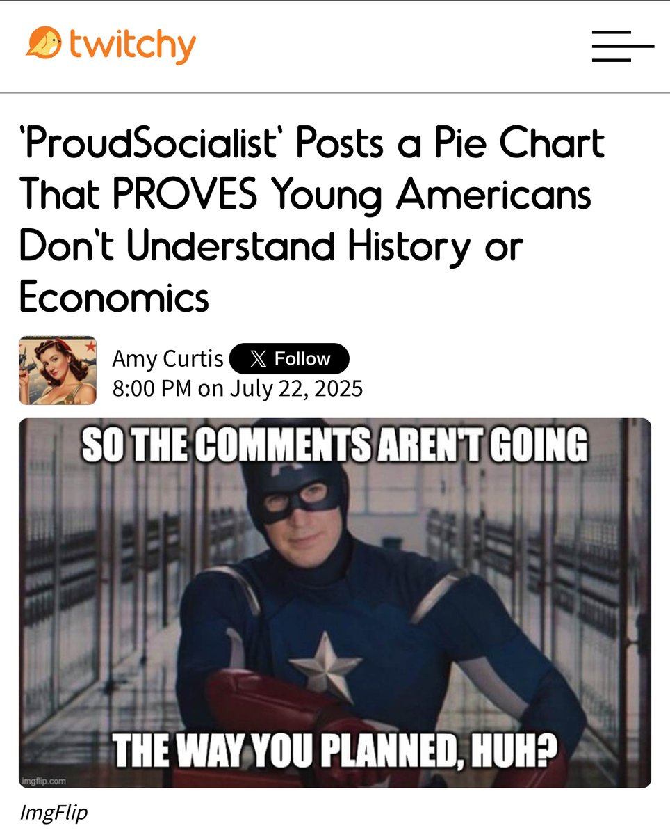 TwitchyTeam's tweet image. 'ProudSocialist' Posts a Pie Chart That PROVES Young Americans Don't Understand History or Economics
twitchy.com/amy-curtis/202…
