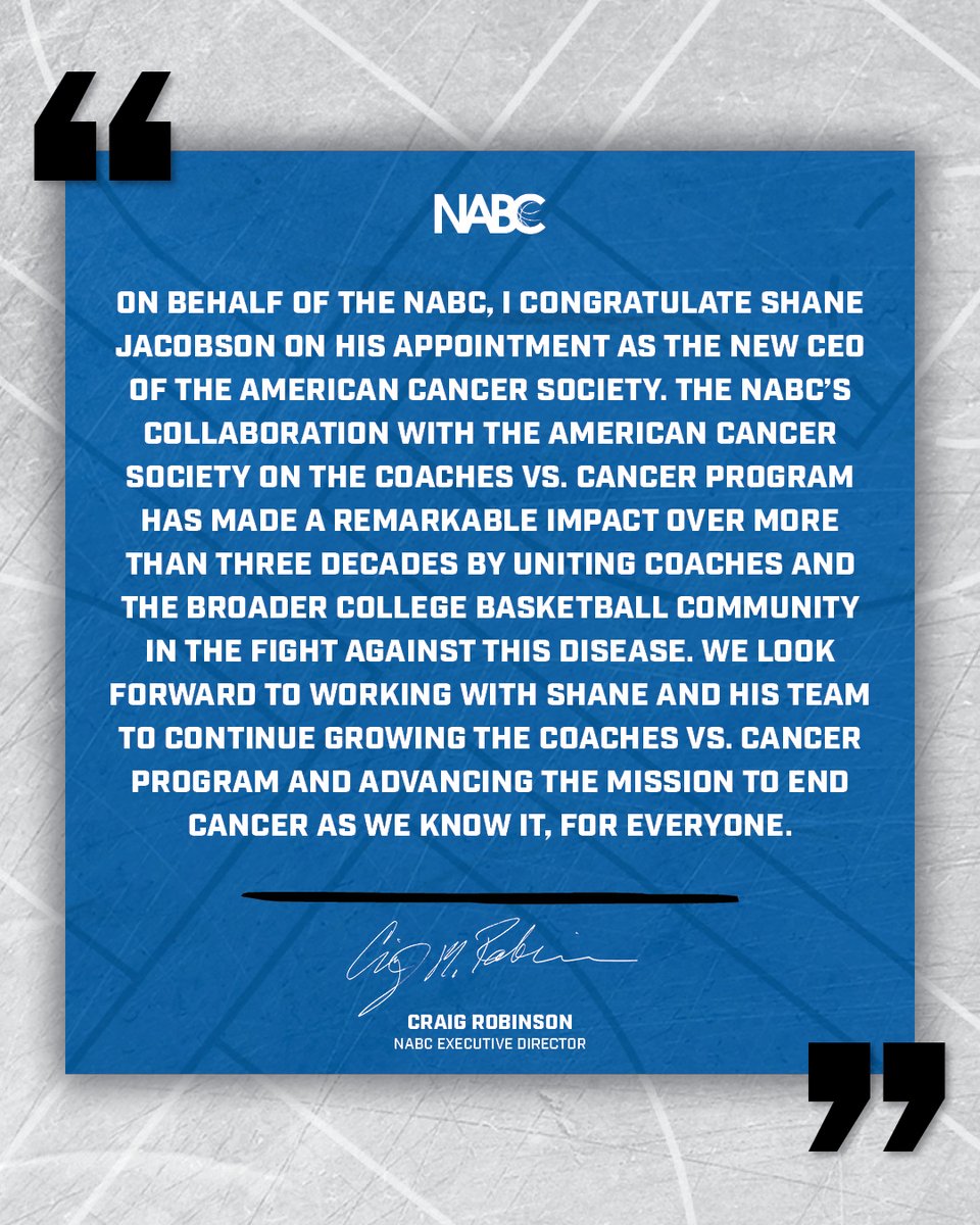 NABC1927's tweet image. The NABC congratulates Shane Jacobson on his selection as the new CEO of @AmericanCancer.
We look forward to continuing to impact the fight against cancer through our collaborative @CoachesvsCancer program.