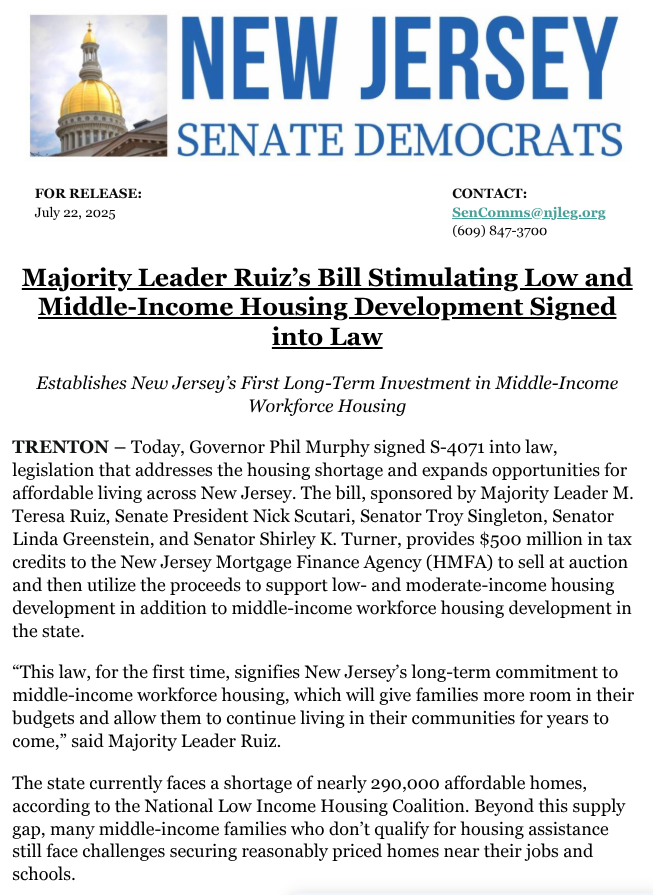 FairShareNJ's tweet image. Today, @GovMurphy signed legislation authorizing $500 million in tax credits for affordable housing.
Thanks to sponsors @SenMTeresaRuiz, @SpeakerCoughlin, @SenPresScutari, @Troy4NJ7, @SenGreenstein, @NJSenTurner, @BenjieWimberly & @AswPintorMarin.
More: njsendems.org/CivicAlerts.as…
