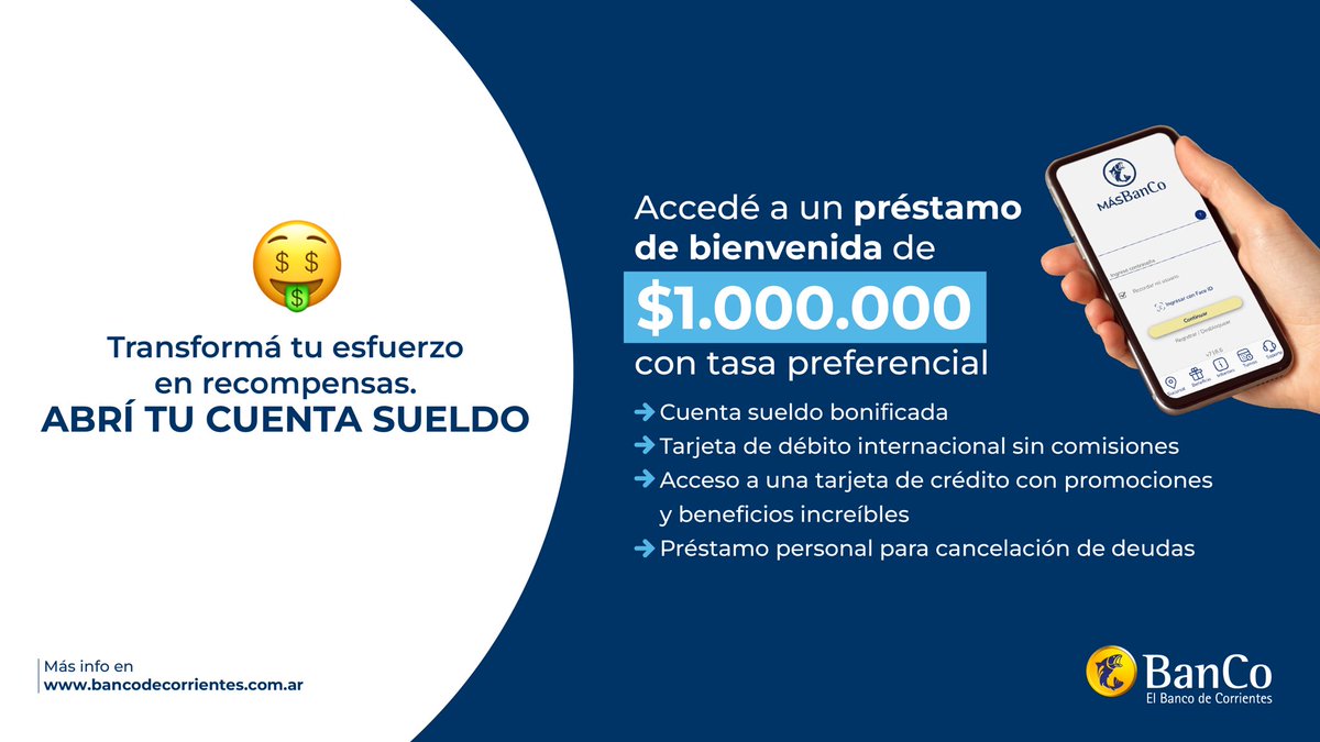 BancodeCtes's tweet image. 🏦 Abrí tu cuenta sueldo y empezá a disfrutar de beneficios reales con tu #BanCo.

ℹ️ Más información en bancodecorrientes.com.ar/personas/cuent… a disfrutar de beneficios reales con BanCo.