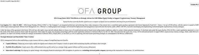 OFA 그룹과 Bitwise의 1억 달러 암호화폐 금고 MOU