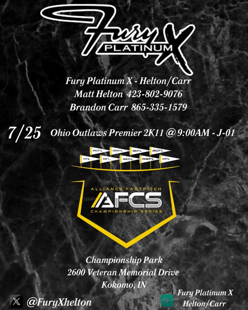 Last tournament best tournament! Let’s go get it. <a href="/FuryXhelton/">Fury Platinum X- Higdon/ Helton</a> <a href="/ConnectSports_/">Connect Sports</a> <a href="/Jeremy_P_Higdon/">Jeremy Higdon</a> <a href="/MRhodesSmith/">Megan Smith</a> <a href="/KateMalveaux/">Kate Malveaux</a> <a href="/chelsw20/">Chelsea Wilkinson</a> <a href="/rykerzc/">Ryker Zane Chason</a> <a href="/Coach_JBloomer/">Coach Josh Bloomer</a> <a href="/FuryPlatinum/">FuryPlatinumSoftballClub</a> <a href="/Coach_A_Mo/">coacн мoraleѕ</a> <a href="/CoachJordanSB/">Jordan Clark</a> <a href="/coachspain8/">Michael Spain</a> <a href="/MarcWeekly/">Marc Weekly</a> <a href="/UACoachMurphy/">Patrick Murphy</a>
