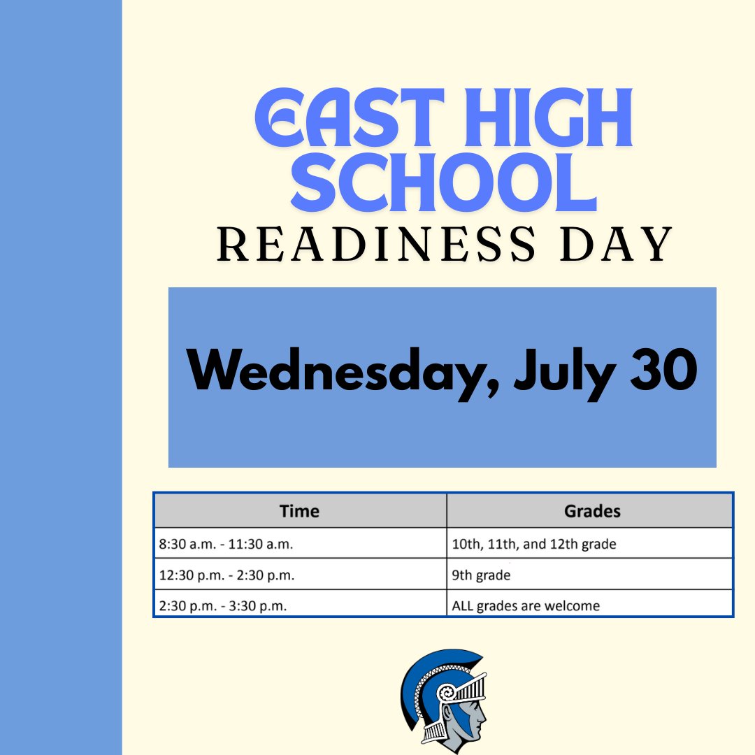 East High Readiness Day- July 30th, 2025.
Watch your email for more details!