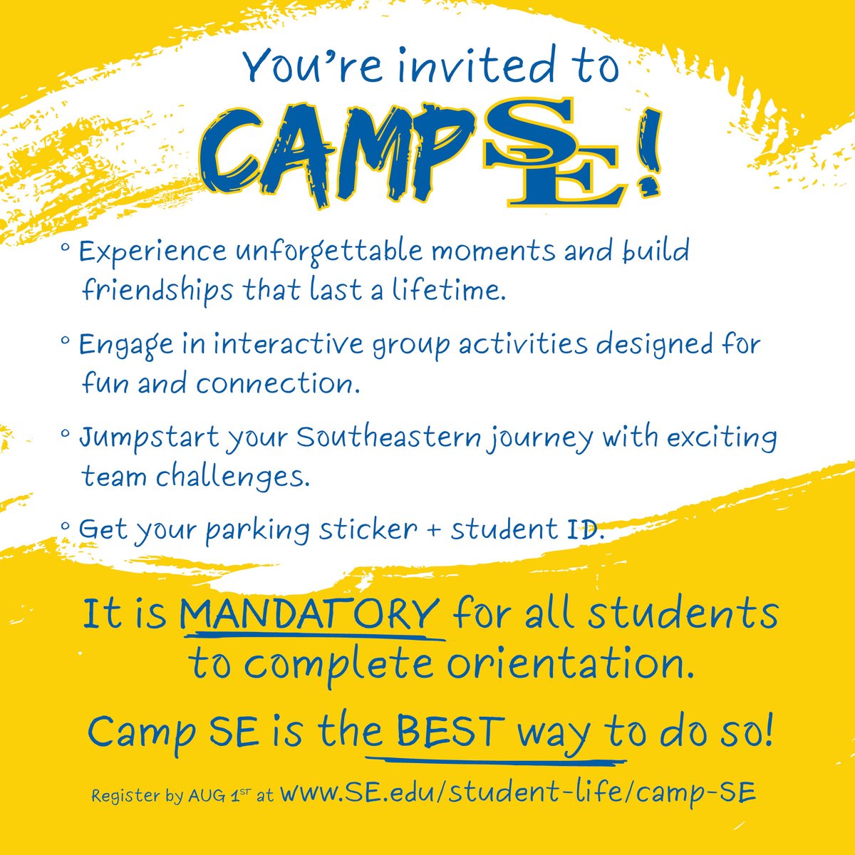 Southeastern Oklahoma State University (@se1909) on Twitter photo New students, we can't wait to see you at #CampSE! This FREE two-day camp is the best way to complete your student orientation and begin your journey at Southeastern!
Register by August 9th - se.edu/student-life/c…
<a href="/SEOSL/">Student Life</a> | #YourFutureStartsHere New students, we can't wait to see you at #CampSE! This FREE two-day camp is the best way to complete your student orientation and begin your journey at Southeastern!
Register by August 9th - se.edu/student-life/c…
<a href="/SEOSL/">Student Life</a> | #YourFutureStartsHere