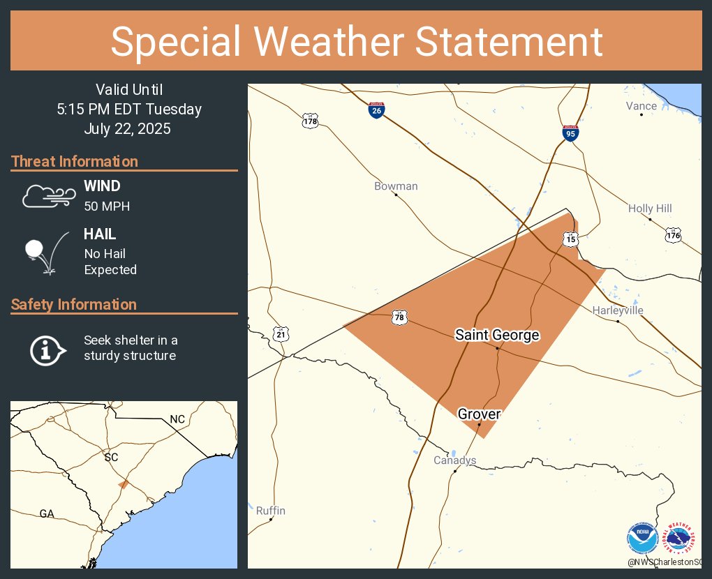 NWSCharlestonSC's tweet image. A special weather statement has been issued for Saint George SC, Reevesville SC and Grover SC until 5:15 PM EDT