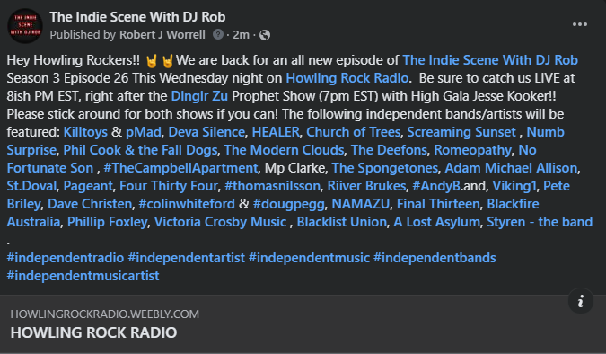 Hey Howling Rockers!! Join us LIVE this Wednesday night at 8ish PM EST!! Right here on Howling Rock Radio! 
howlingrockradio.weebly.com