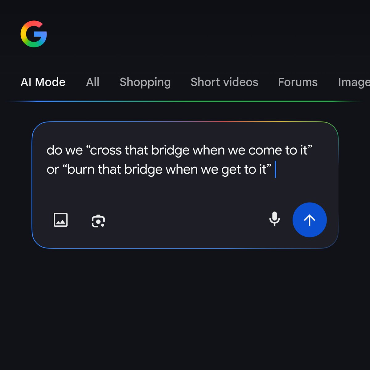 Google's tweet image. Home in or hone in? Moot point or mute point? For tricky turns of phrase, try AI Mode in Search
