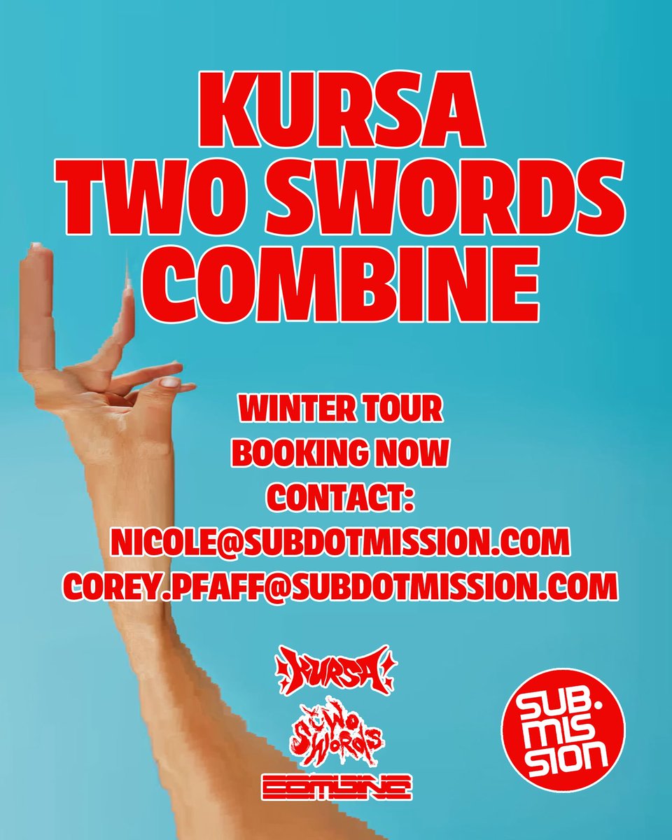 two swords (@twoswordsbeats) on Twitter photo Heading out on tour with Kursa + Combine this fall
Hit up nicole@subdotmission.com for availability Heading out on tour with Kursa + Combine this fall
Hit up nicole@subdotmission.com for availability