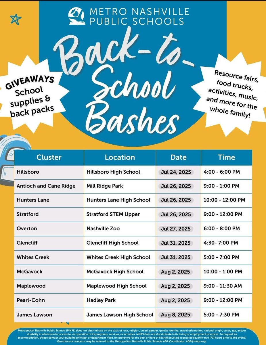 The first day of school is in two weeks! 🎉

Incoming MNPS Pre-K and Kindergarten Families: Visit the MNPS Back to School webpage for information on upcoming Back to School Bashes and to find your school's website.

⭐️Back to School webpage: mnps.org/back-to-school
