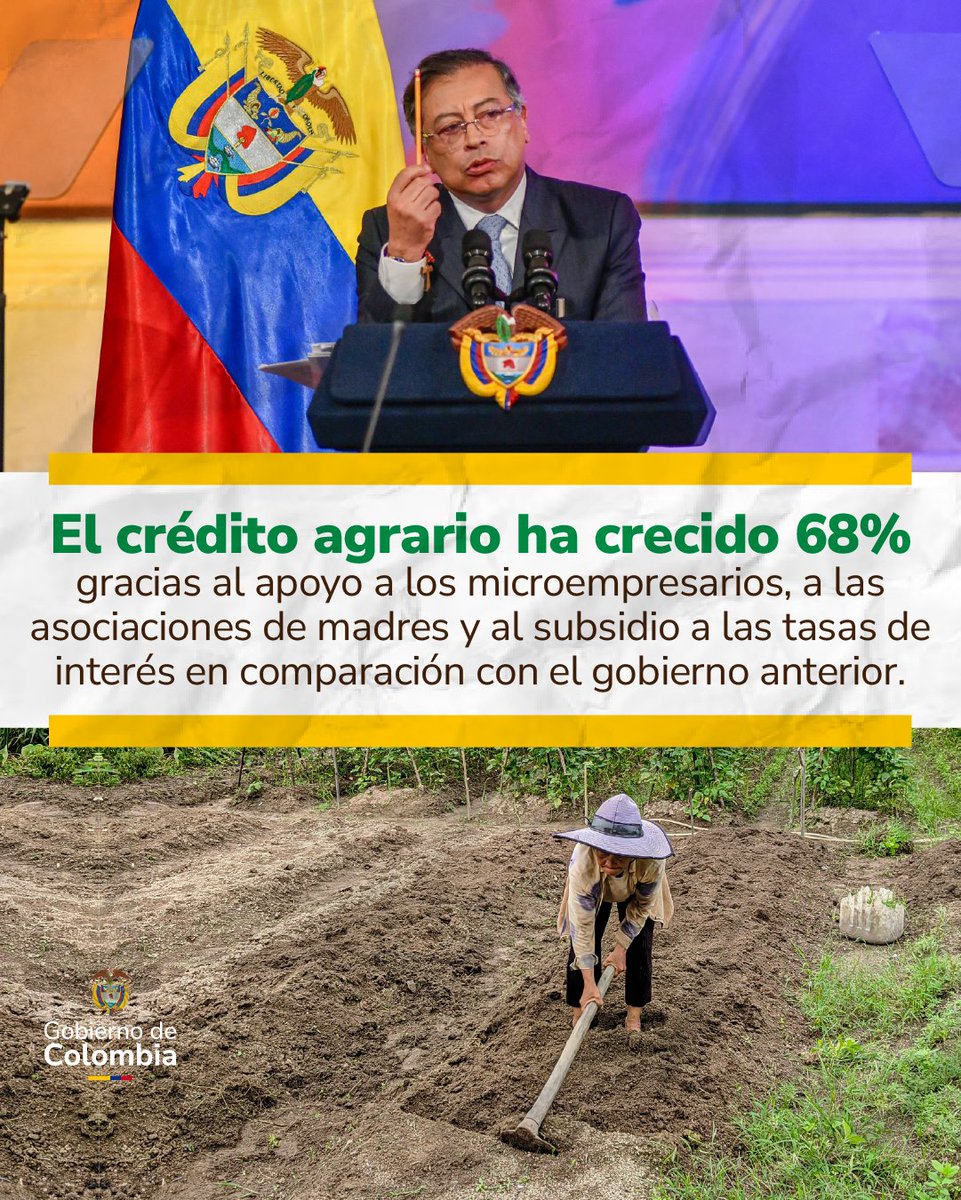 infopresidencia's tweet image. En el Gobierno del Presidente @PetroGustavo, el crédito agrario, otorgado a través del @BancoAgrario, ha aumentado un 68% frente al Gobierno anterior. Se han realizado desembolsos por cerca de $33 billones de pesos. 📈🌾
Este respaldo, con subsidios a las tasas de interés, ha…