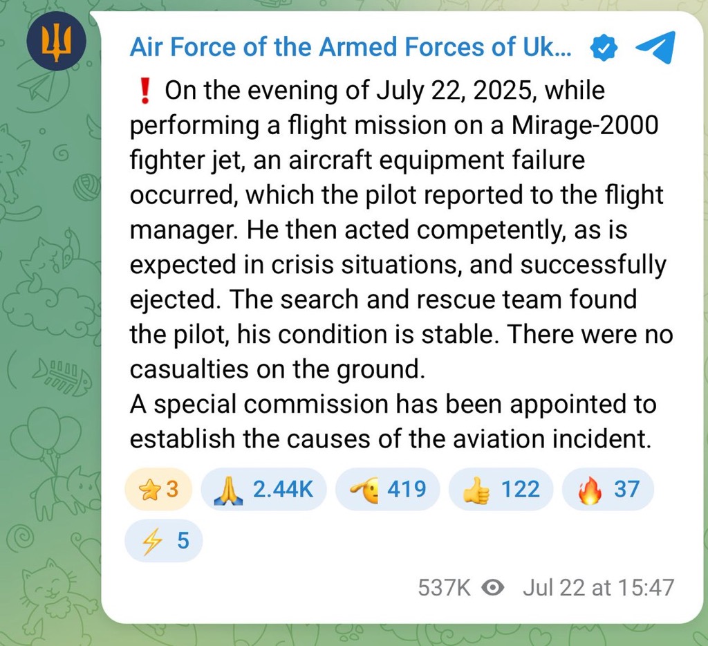 lugeration's tweet image. Ein Mirage 2000-Jet der ukrainischen Luftwaffe stürzte heute wegen eines technischen Defektes in der Westukraine ab. Dem Piloten gelang es, sich mit dem Schleudersitz zu retten.